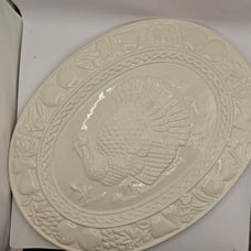 White Embossed Large Oval Turkey Platter; White Ceramic