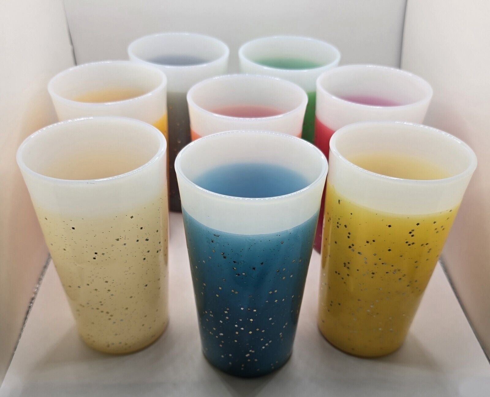 Vintage Glamalite Milk Glass Tumbler Set 8 Cups MCM Glitter Party Very Nice!