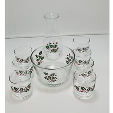 Vintage Indiana Glass Christmas Holly Berry Rocks Glasses/Punch Bowl 9 Pc Set