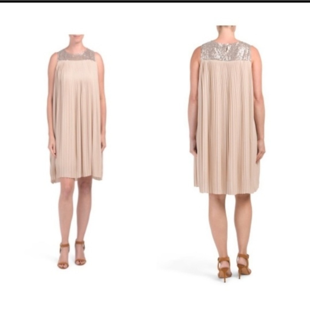 Magari Taupe Pleated Sleeveless Dress with Sequins Top. Size Large.