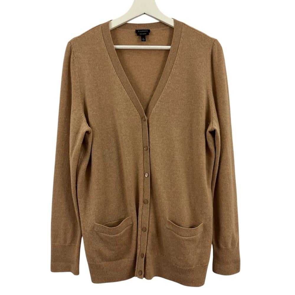 Talbots Womens Cashmere Tan Button Down Cardigan Size L