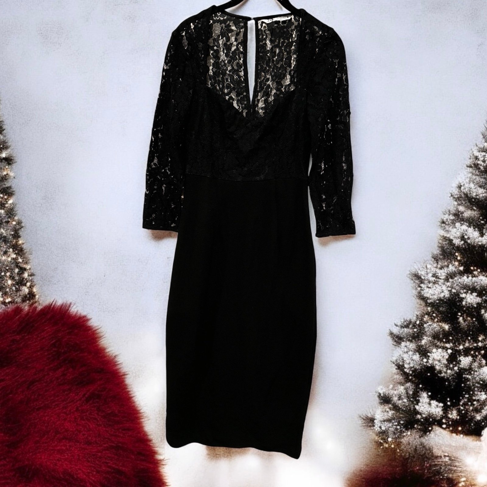 ZARA BLACK FORMAL LACE TOP MIDI DRESS HOLIDAY PARTY DRESS SIZE SMALL