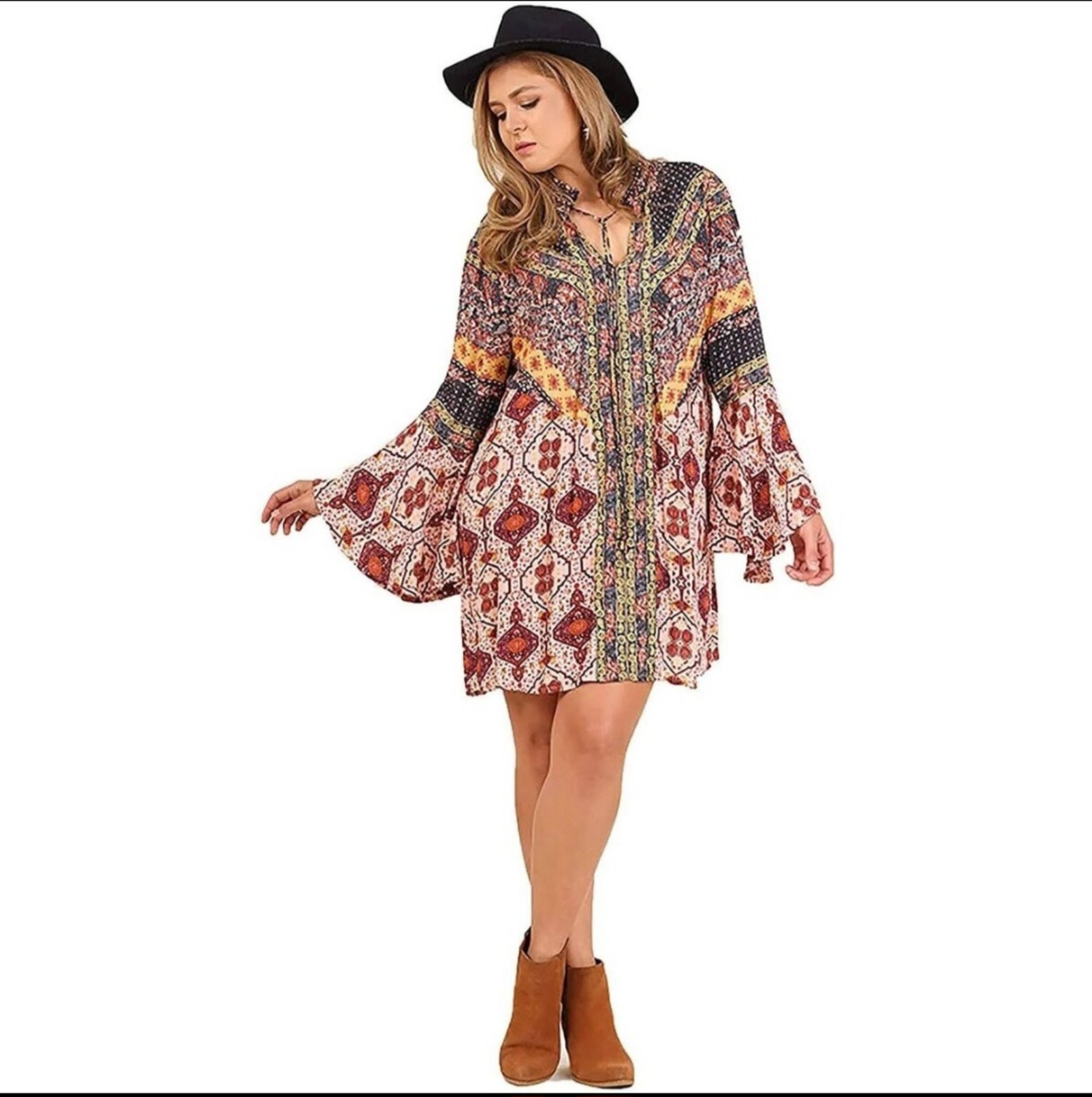 Umgee Daydream Believer Red Multi Printed Boho Bell Sleeves Hipster Dress Large
