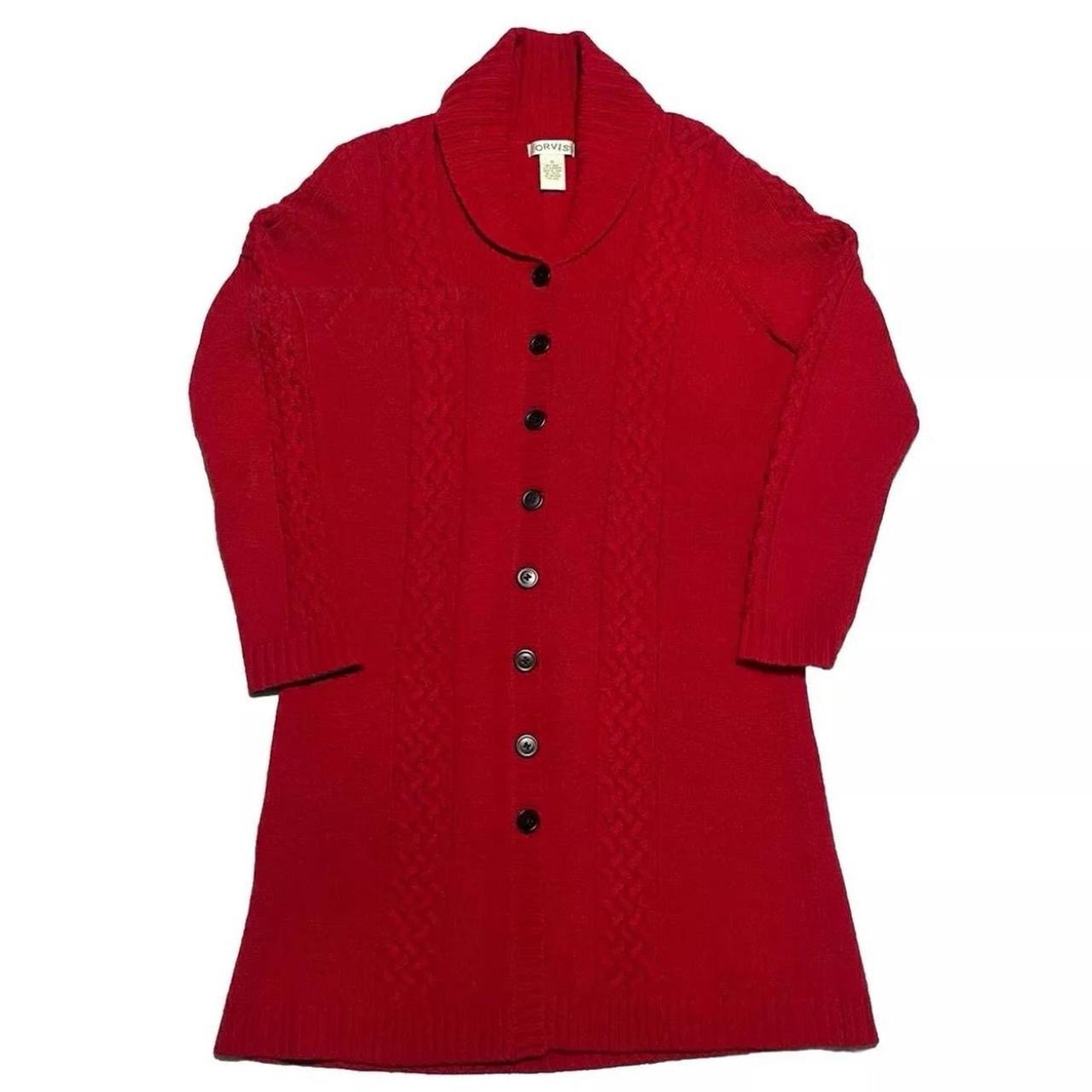 Orvis Long Red Duster Cardigan Sweater Wool Cashmere Blend Button Cable Knit S