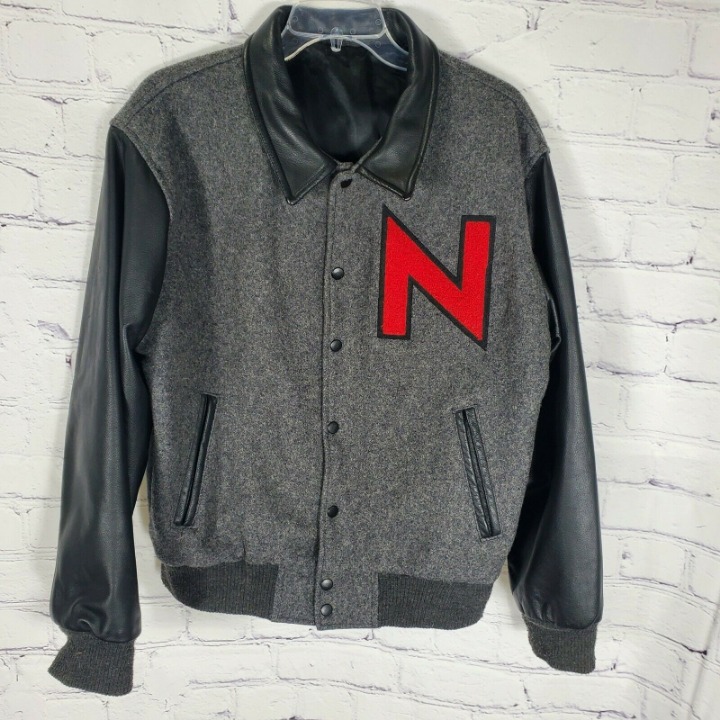 Novell Men's Size S Grey Leather Sleeve Letterman Wool Jacket Made In USA
