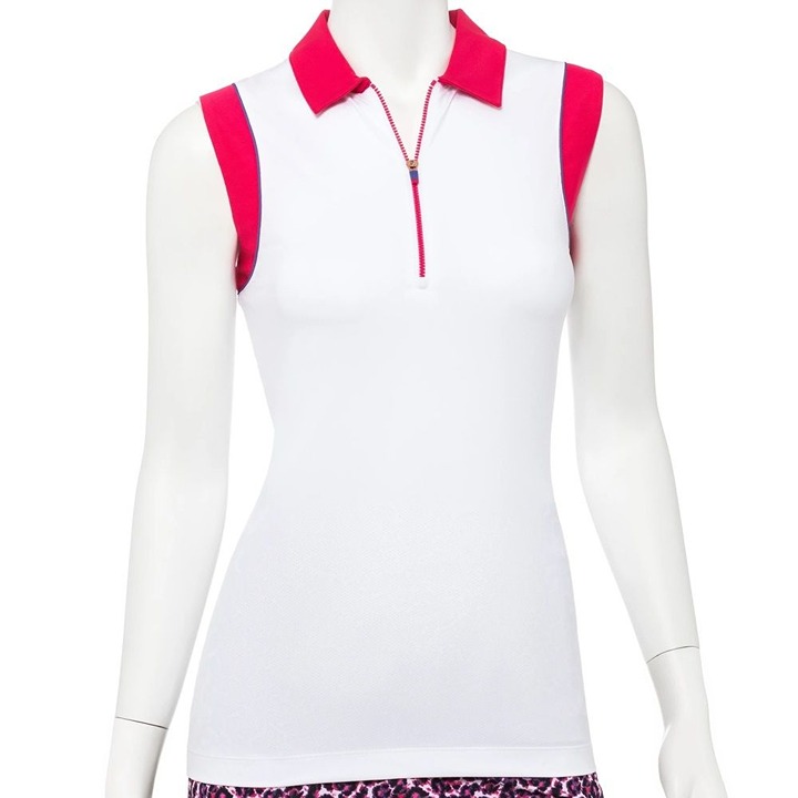 EP Pro Sleeveless White & Pink Women's Golf Polo Shirt With Zip Collar - LG