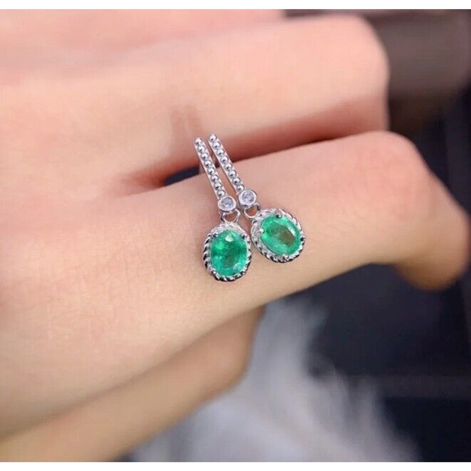 Natural Emerald Dangle Earrings, Colombian Emerald Stud Earrings Sterling Silver