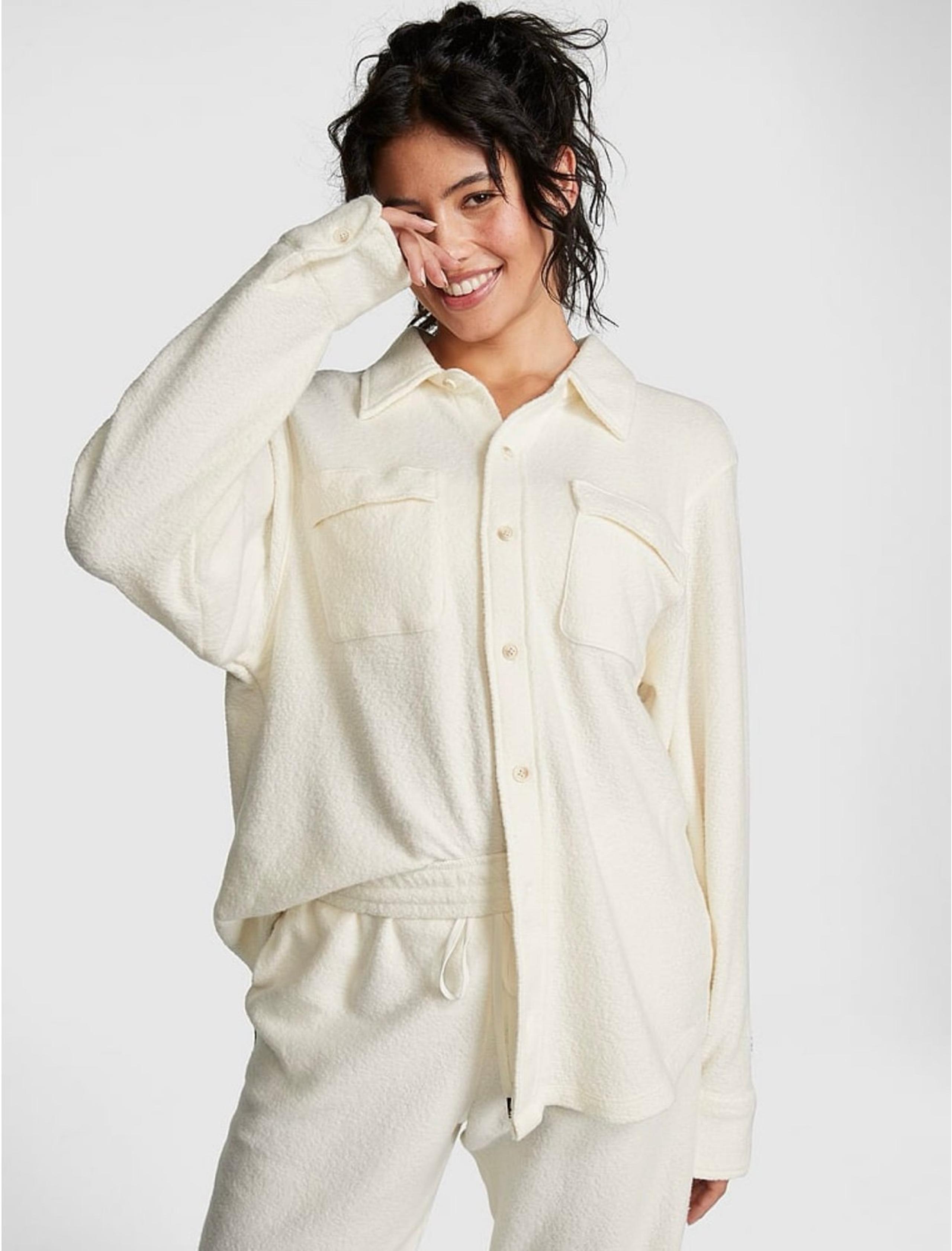 Victoria's Secret PINK Reverse Fleece Shacket Shirt Jacket in Creamer XL OR XXL
