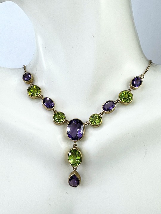 Amethyst Peridot faceted gemstone drop necklace English gold 8.4g JR9425