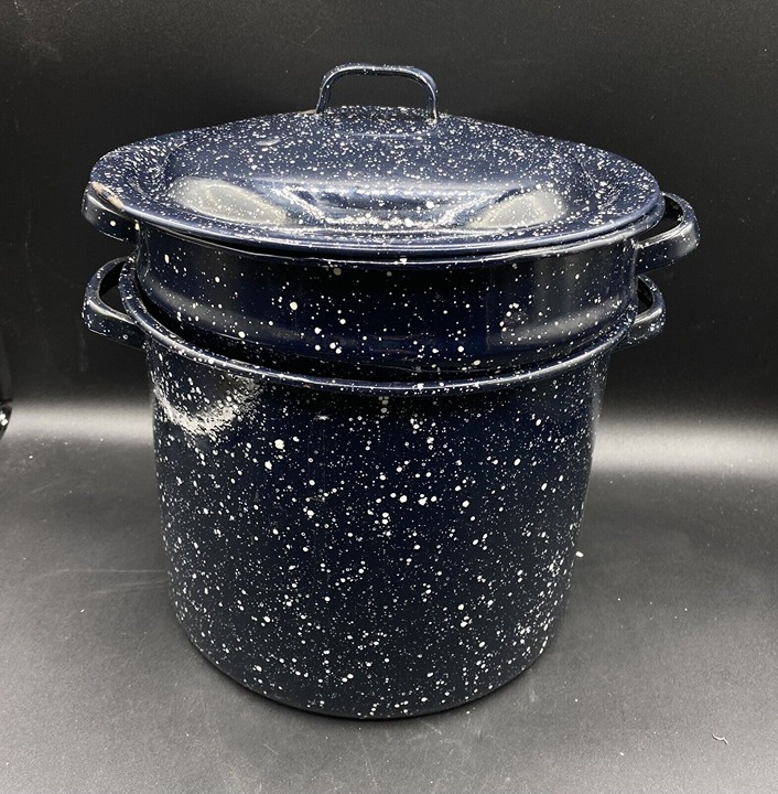 Enamelware 3 Piece Double Lobster Boiler Stock Pot 10.5 x 9.5” Black Speckle