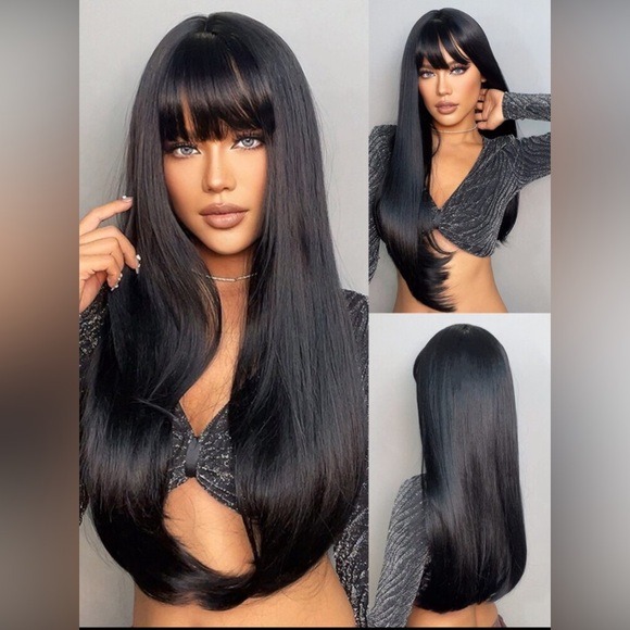 33 Inch Long Black Wig With Bangs Thick beautiful Hair BOUTIQUE