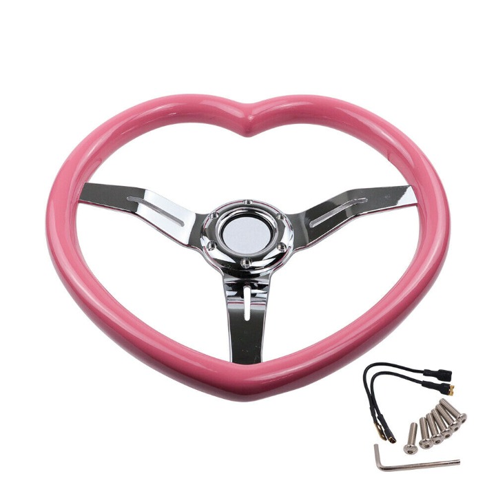 BRAND NEW 340MM Universal Heart Shaped Pink ABS Steering Wheel Chrome Spoke