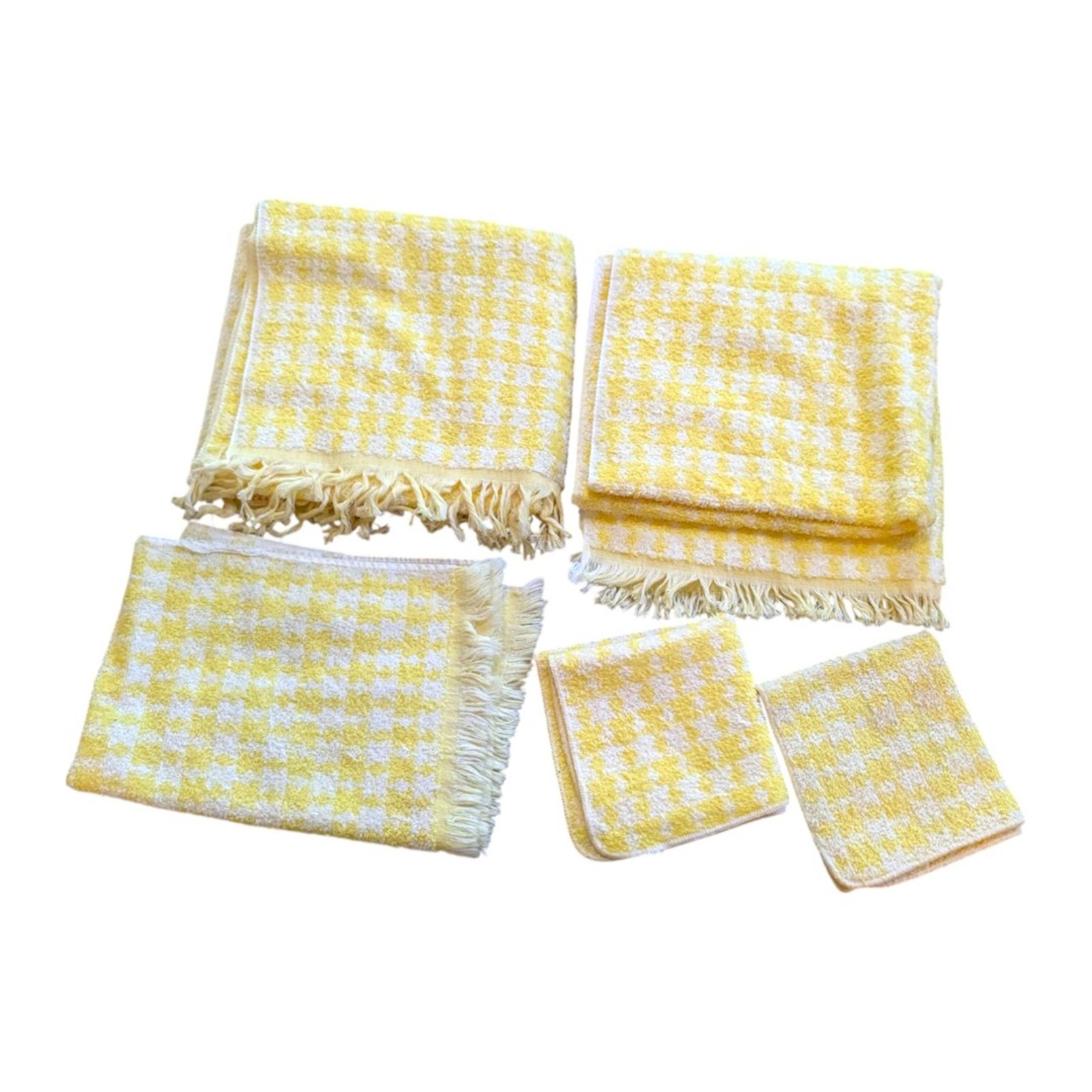 Set of 5 Vintage Cannon Bath Hand Towel Face Cloth Yellow White Sculpted Fringed