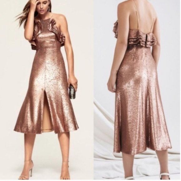 C/Meo Collective A-Line Ruffle Dress X-tra Large Illuminated Bronze Sequins
