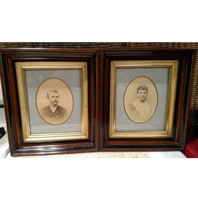 Vintage Sepia Man Woman Wood Photo and Frames, SET/2, Solid Wood, EUC