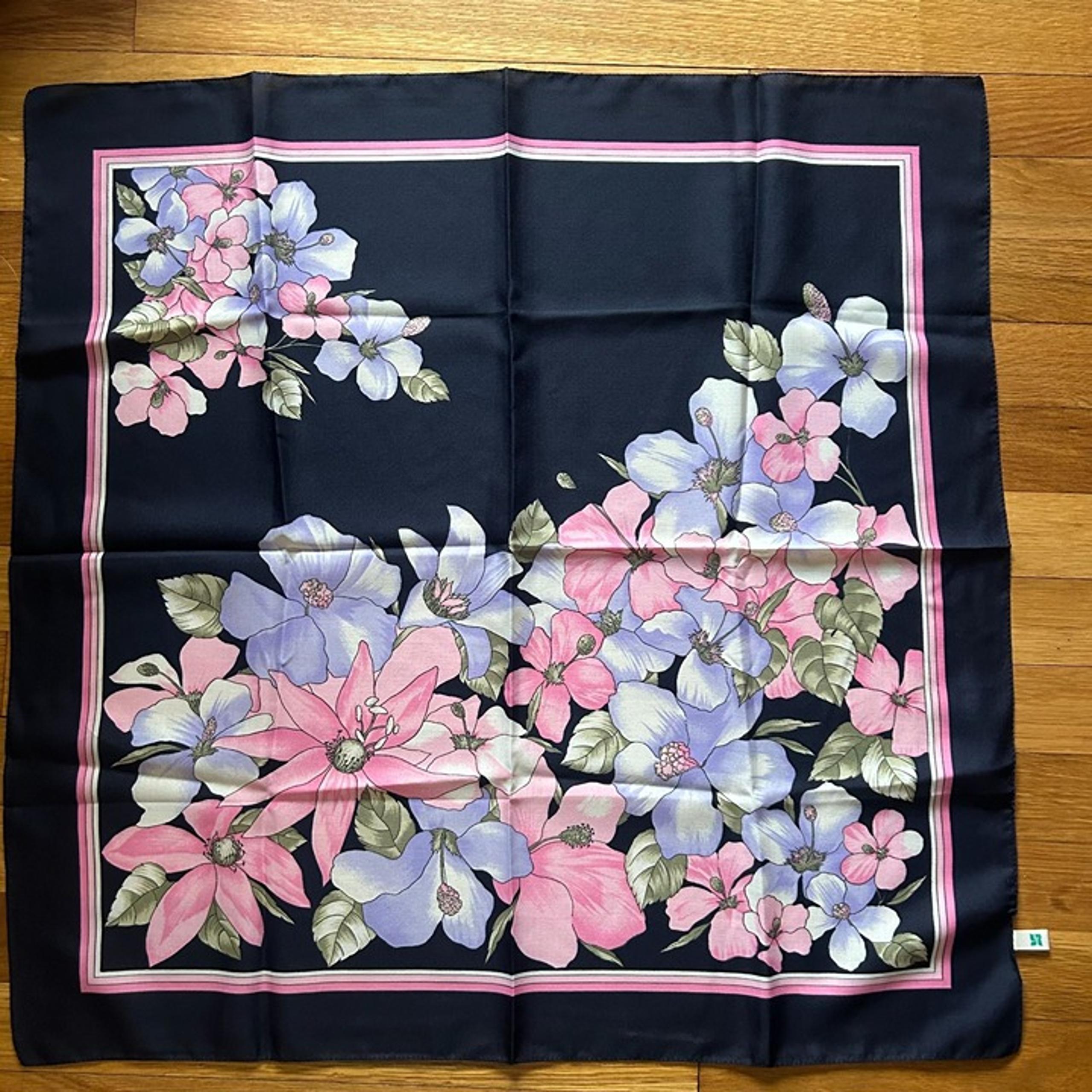 Vintage Navy Blue Square Scarf w Pink Purple Flowers