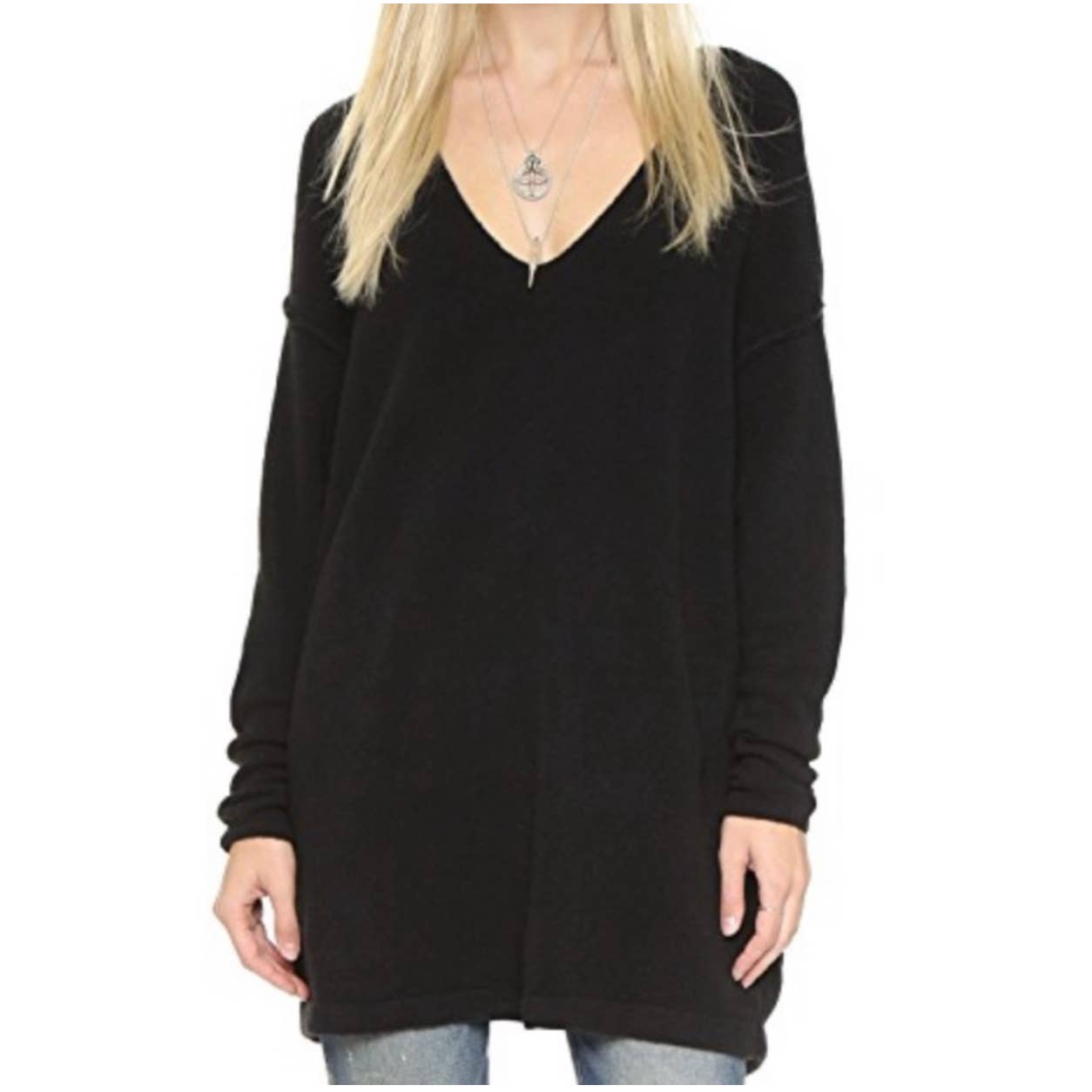 Free People Softly Vee Sweater Oversized V-Neck Long Solid Black Sweater