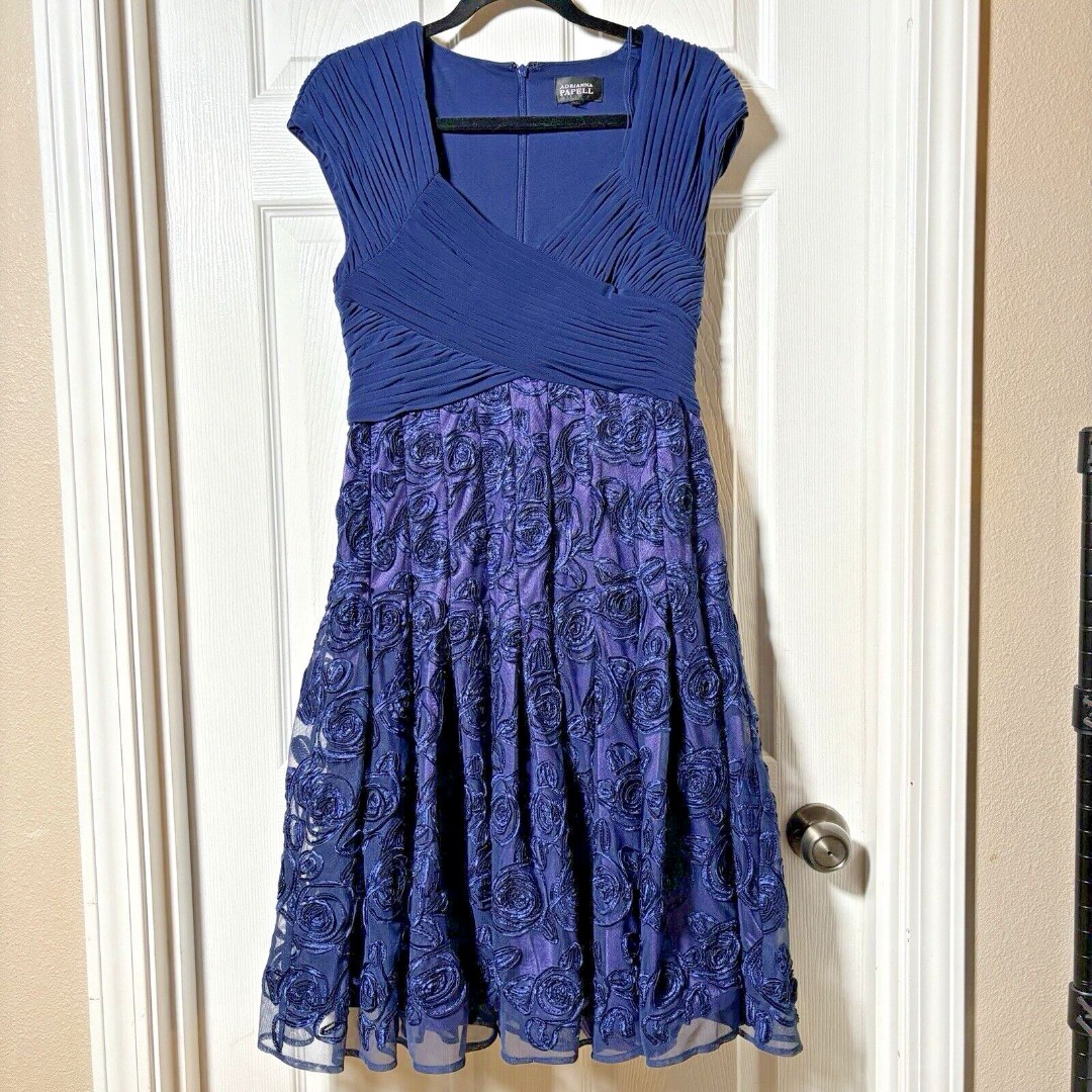 Adrianna Papell Navy Blue Gown Midi Dress Sweetheart Empire Floral Stunning Sz 6