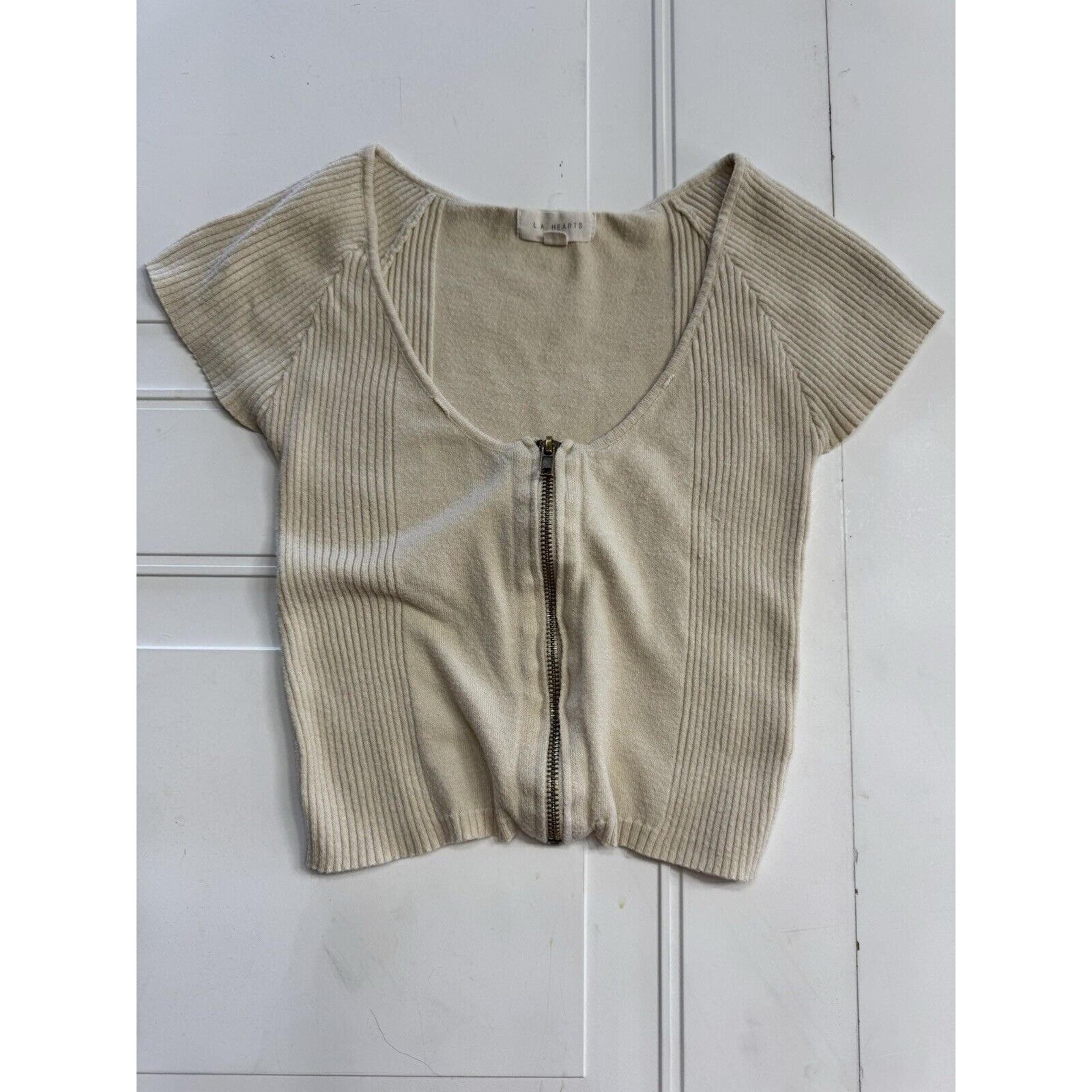 LA Hearts Womens Size S Tan Zip Up Short Sleeve Crop Top Shirt Blouse