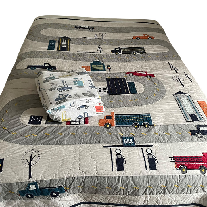 Pottery Barn Kids Things That Go Full Queen Quilt Bedspread Flat & Fitted Sheet
