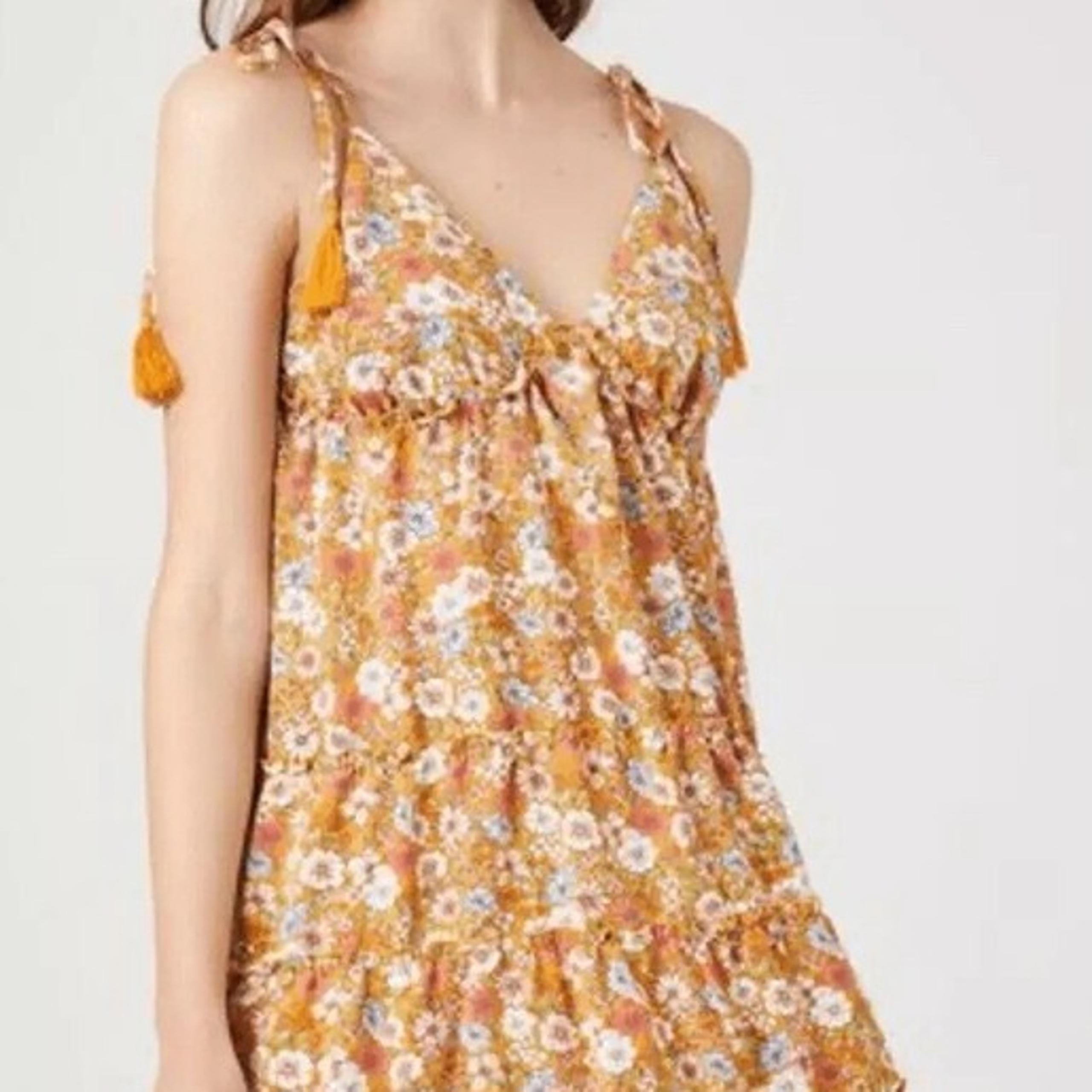 No Comment Junior's Gold Floral Tassel Tie Lined Tiered Ruffle Boho Dress Size M