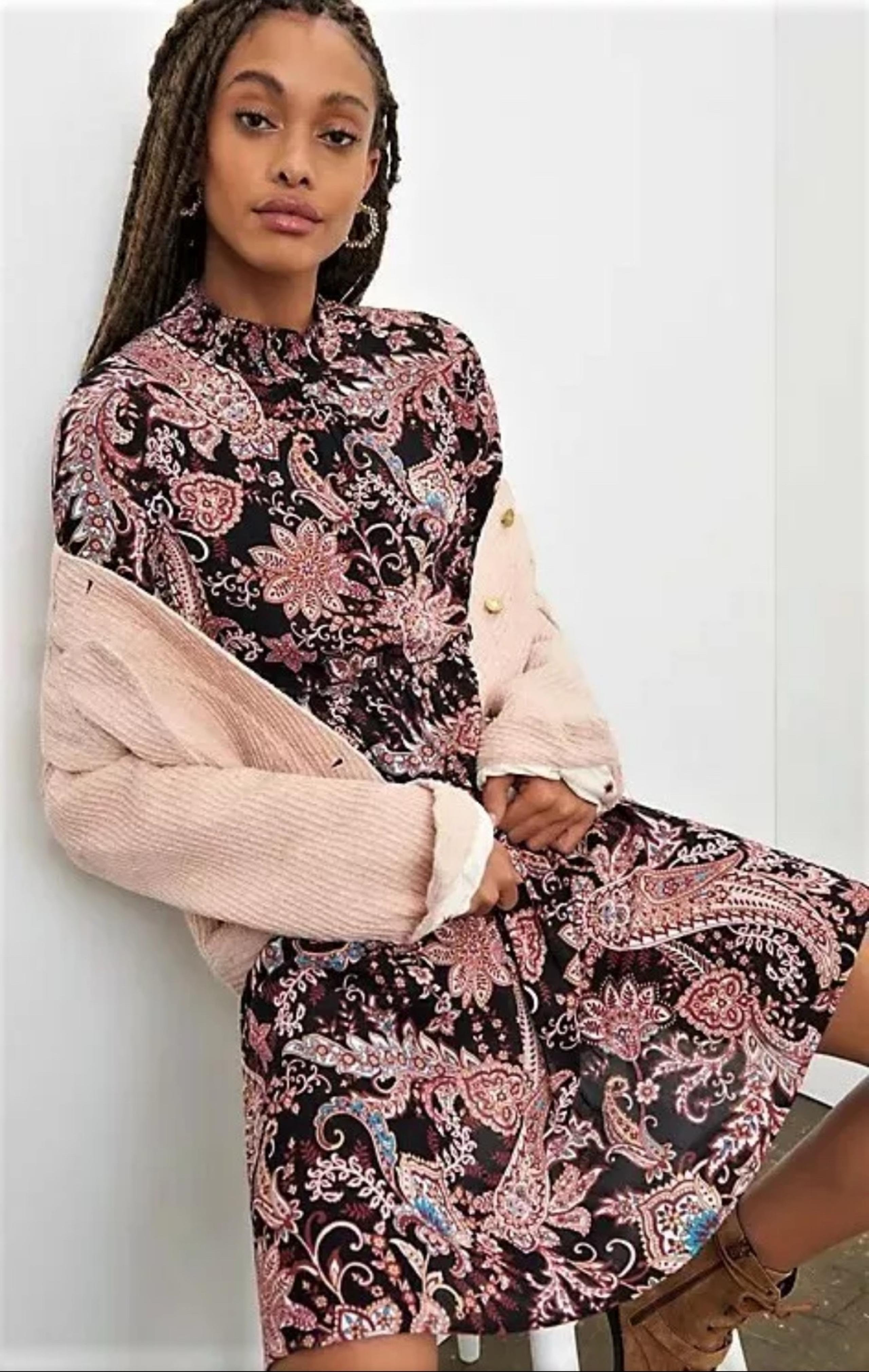 Anthropologie Cady Tiered Paisley Print long Sleeve Boho Dress