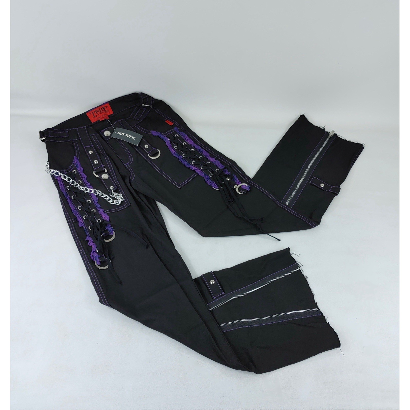NWT Tripp NYC black Purple goth punk straight wide leg pants chain zippers Sz 0