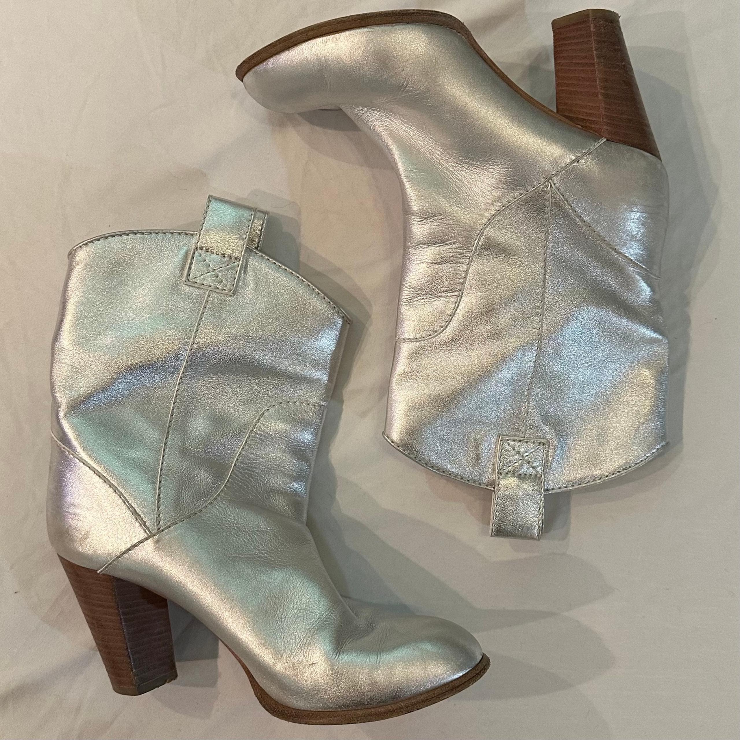 Marc by Marc Jacobs Silver Western Boot Booties Stacked Heel Sz 37.5/US 7 Womens