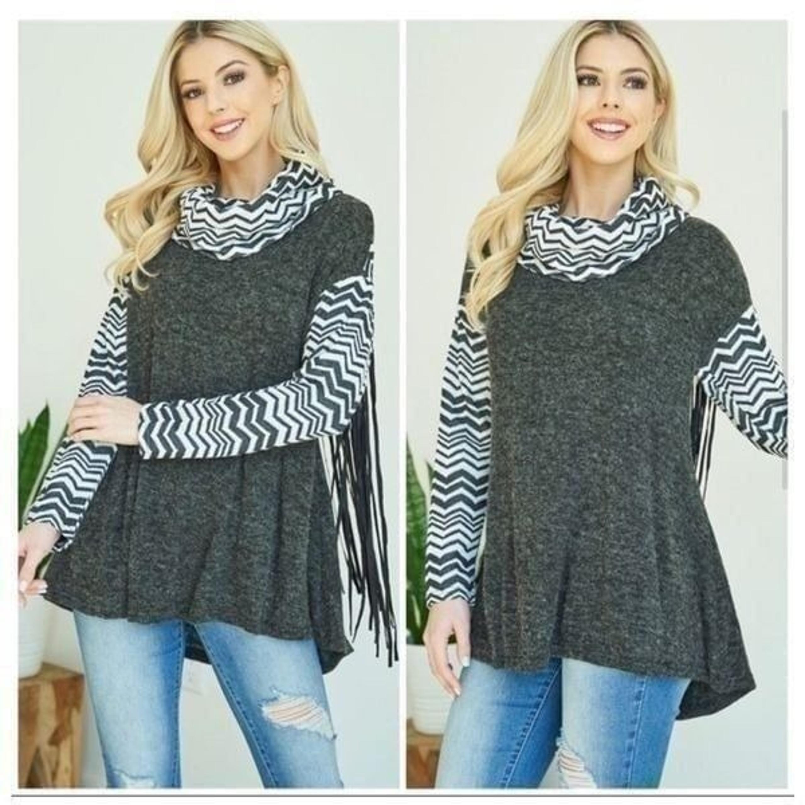 A’Reve Charcoal Gray Cowl Neck Long Sleeve Western Back Fringe Chevron Top  L