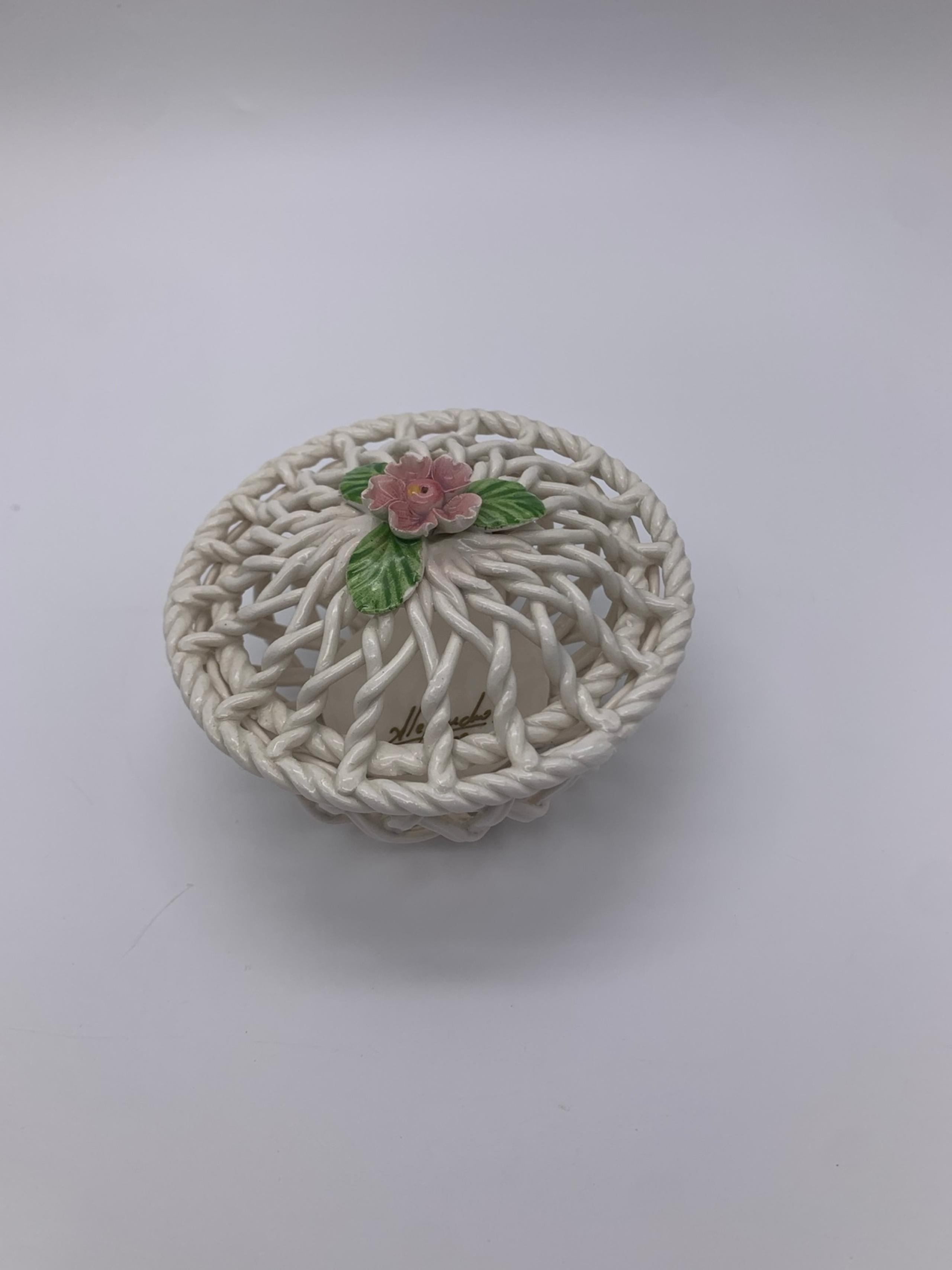 LEVANTE Porcelain Woven Basket Bowl With Lid & Pink Flower Signed Alejandro 89