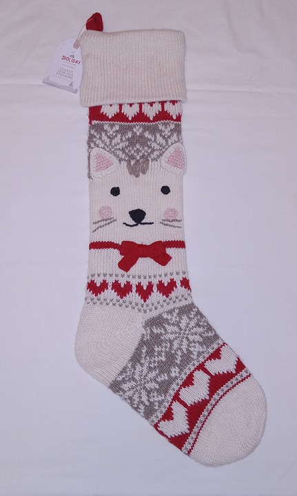POTTERY BARN Christmas Stocking Classic Fair Isle Kitty Cat Knitted Holiday NWT