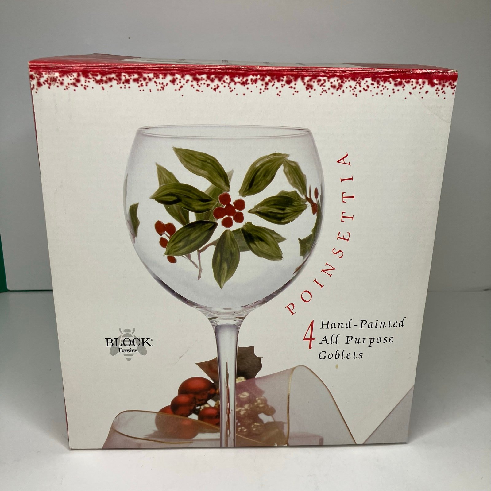 Block Basics Poinsettia Set of 4 Wine Goblets In Box Hand Painted Christmas NIB