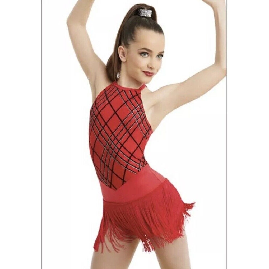 Weissman Girls Red Halter Dance Leotard Fringe Detail Size MC 10/12