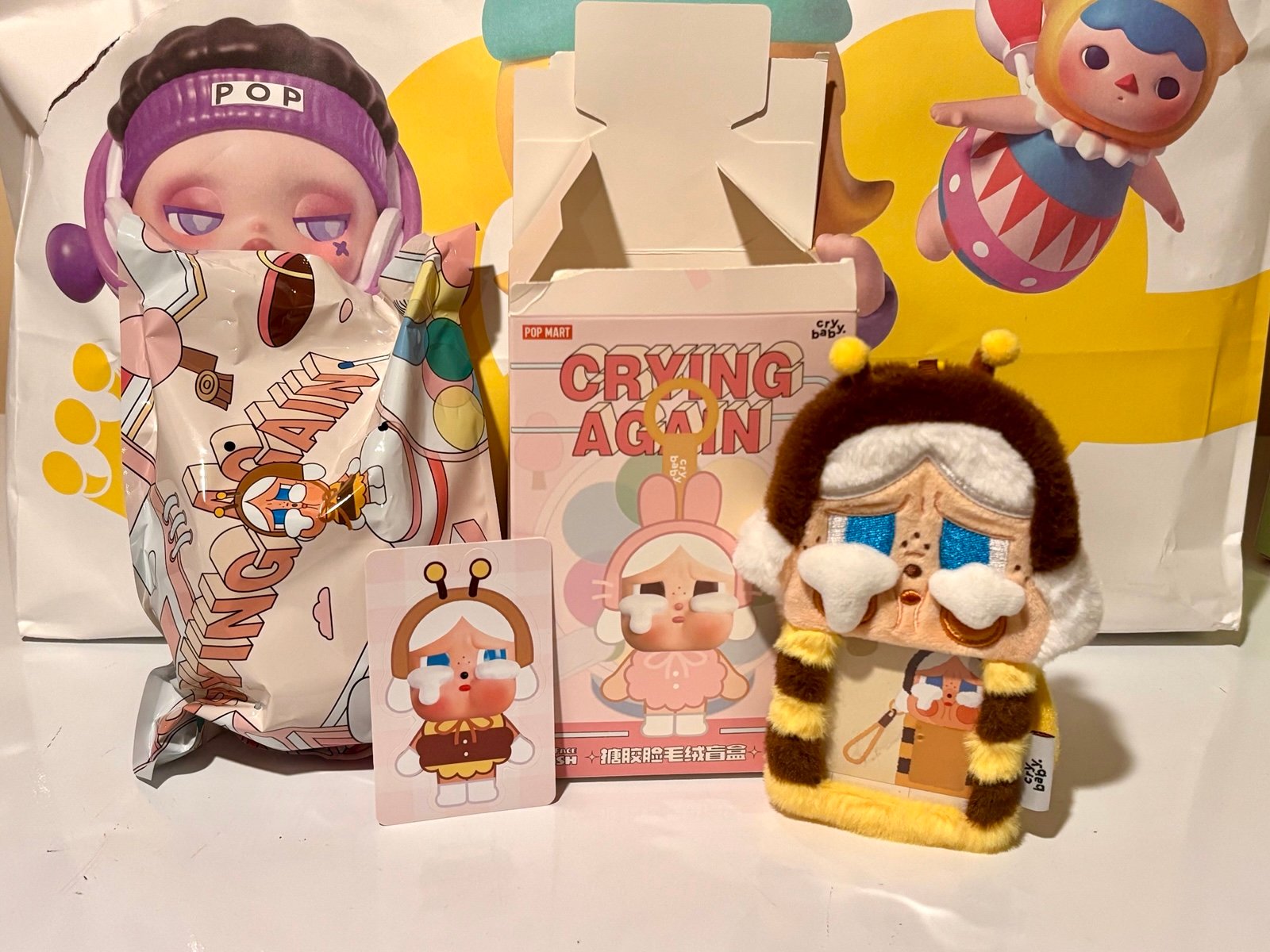 Pop Mart Crying Again Bee Plush Pendant and Card Holder Case Set