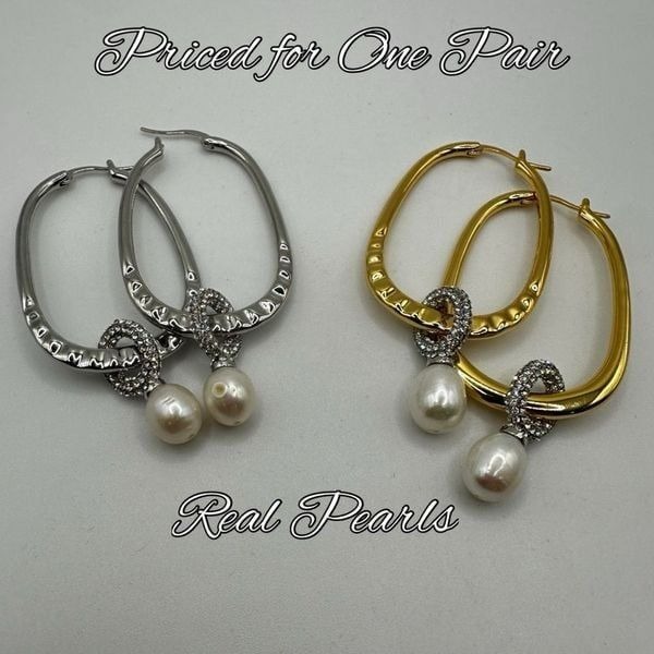 NWOT 2.5 real pearl, pave cz diamonds, gold & silver tone dangle earrings!