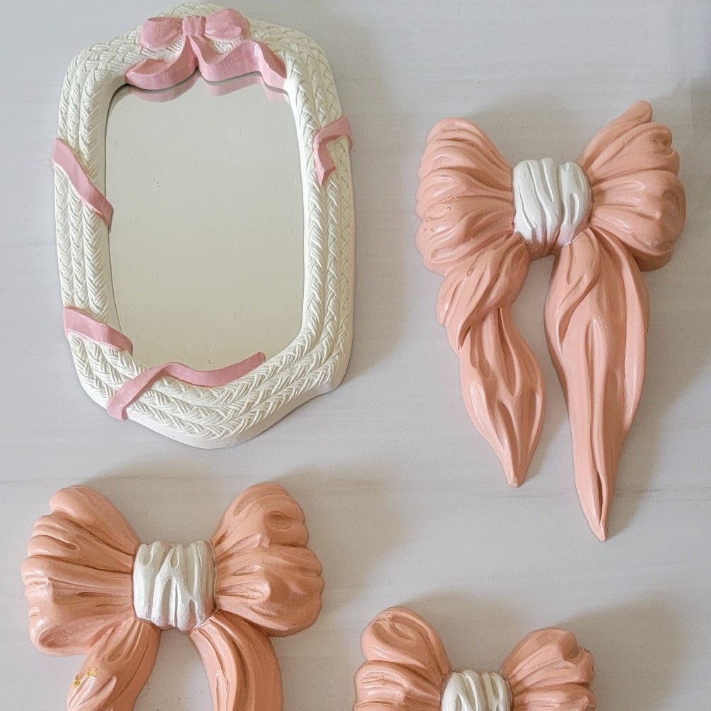 Dusty Rose White Vintage Homco Bows and Mirror Wall art