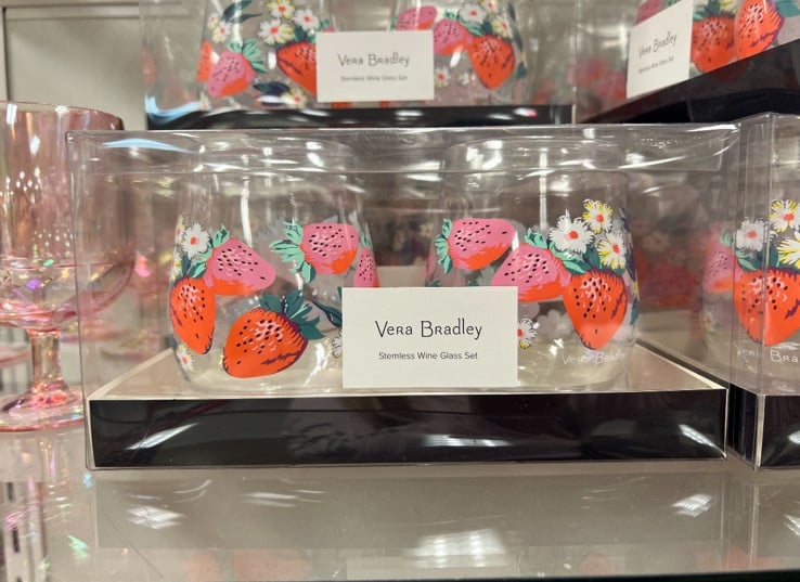 Vera Bradley Strawberry Valentines stemless wine glass set