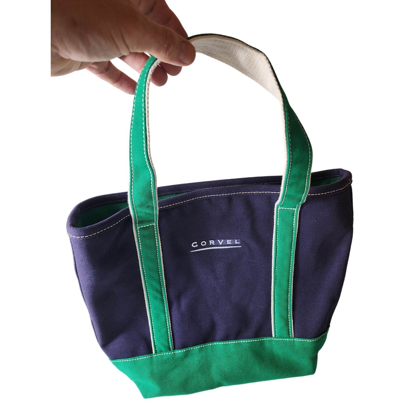 LANDS END Medium Blue Green Open Top Canvas Boat Beach Shopping Tote Bag 16x13