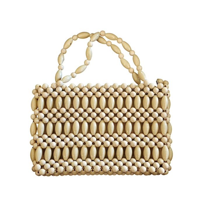Vintage Handmade Beaded Handbag with Zipper Closure & Interior Pocket - Beige