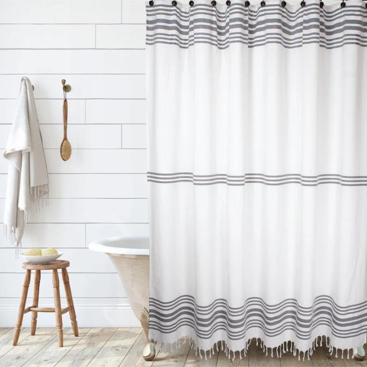 100% Natural Woven Cotton Shower Curtain in White with Grey or Stripes, 72x72 