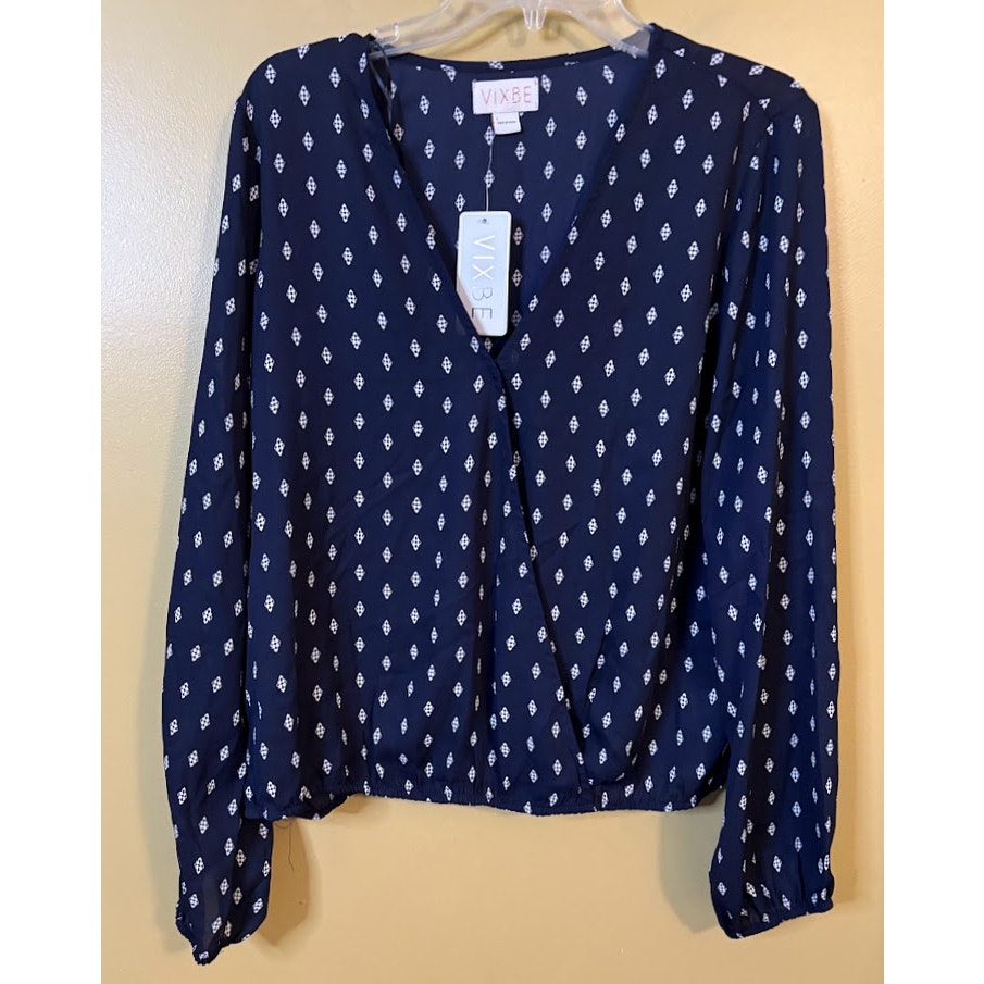 Vixbe Tamils Navy Print Long Sleeve Surplice Blouse Size Large NWT