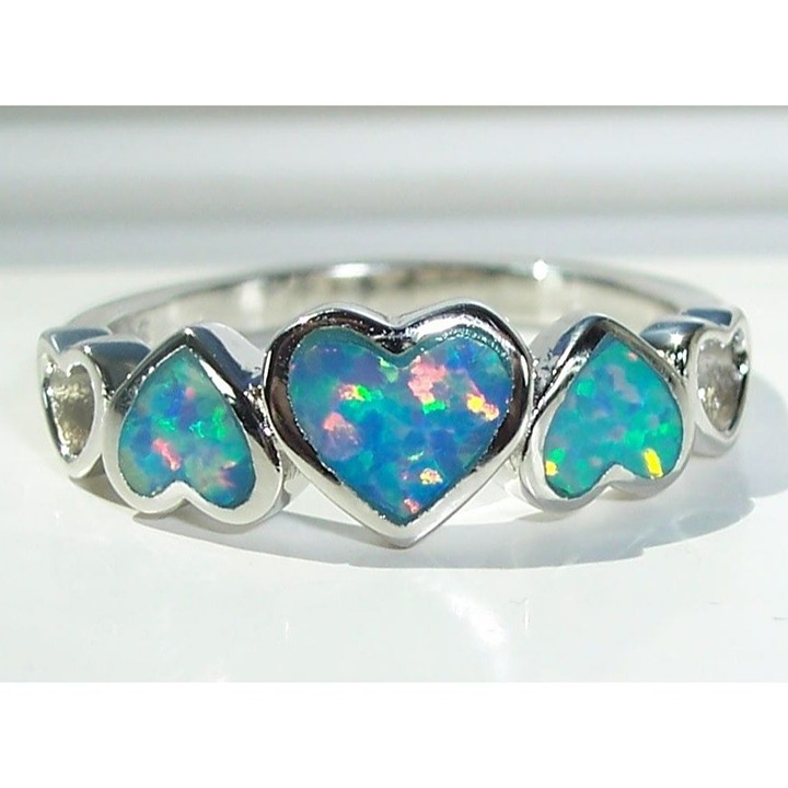 Size 7, 925 STERLINGSILVER Lab Created Blue Lavender Fire Opal Hearts Ring