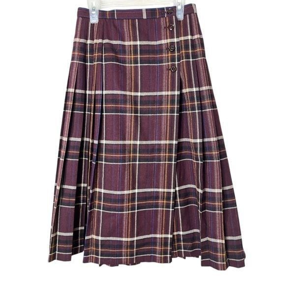 Vintage Jaeger Wool Blend Pleated Plaid Tartan Midi Skirt Size 6 Maroon