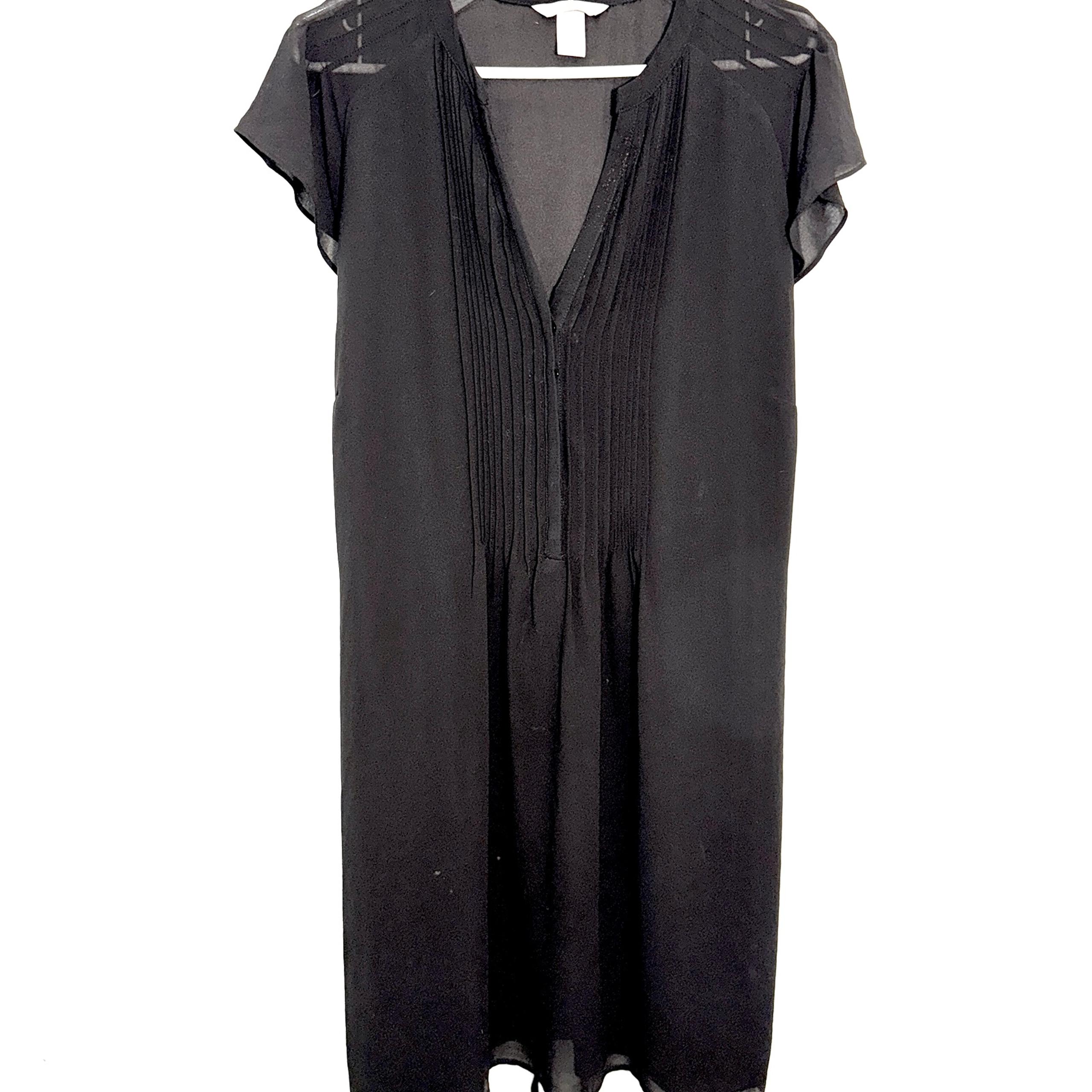 H&M Women's Dress Black Semi Sheer W/ Liner, Size XL Pleated Top, Tie Waist
