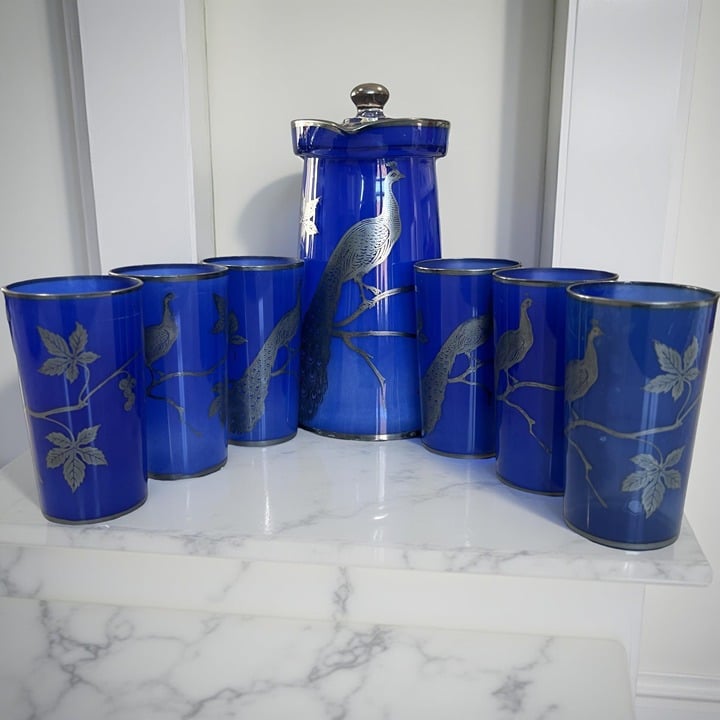 Set Vintage Cobalt Blue & Sterling Overlay Peacock Design Pitcher and 6 Glassesc
