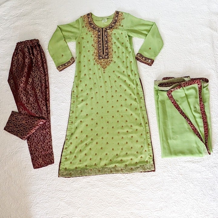 Women's Pakistani Salwar Kameez 3-Piece Outfit - Lime Green/Maroon - Medium