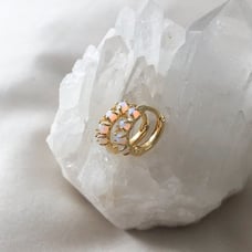 14K Solid Yellow Gold Australian Opal Small Huggie Hoop Earrings
