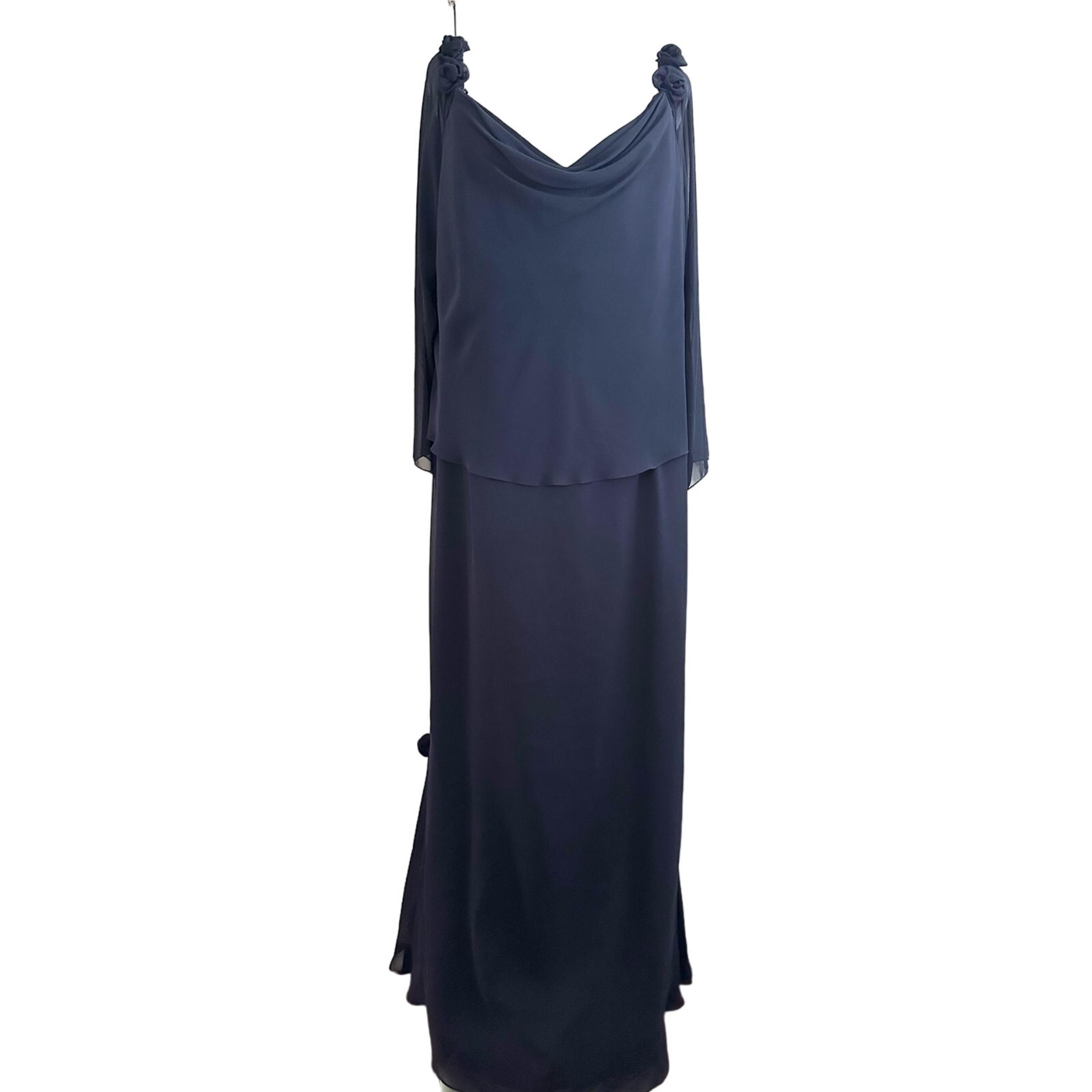 JOVANI Navy Blue Off-Shoulder Flowy Rosettes Semi-Sheer Sleeves Gown Dress Sz 24