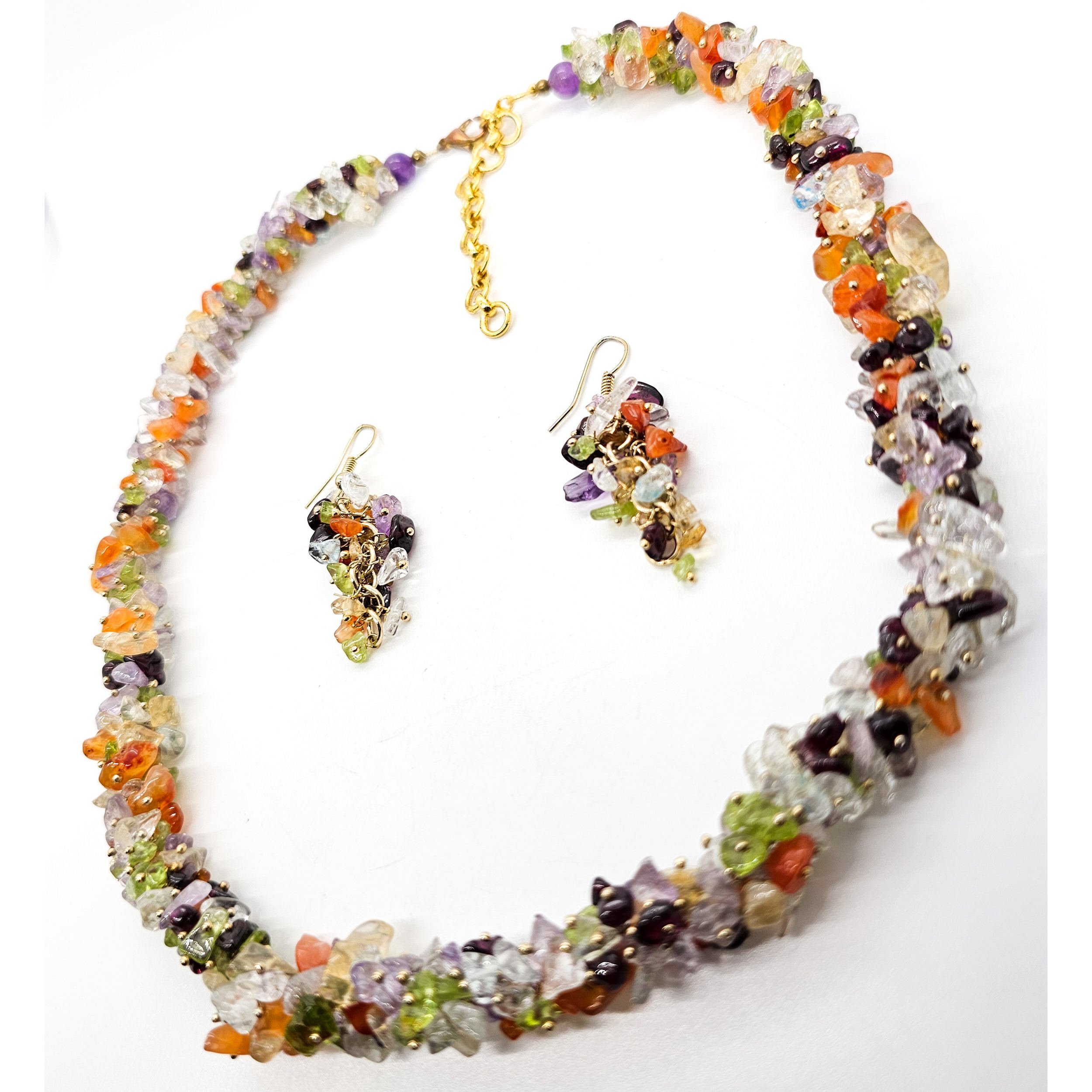 Multi gemstone chip cluster yellow gold plated necklace and earrings set