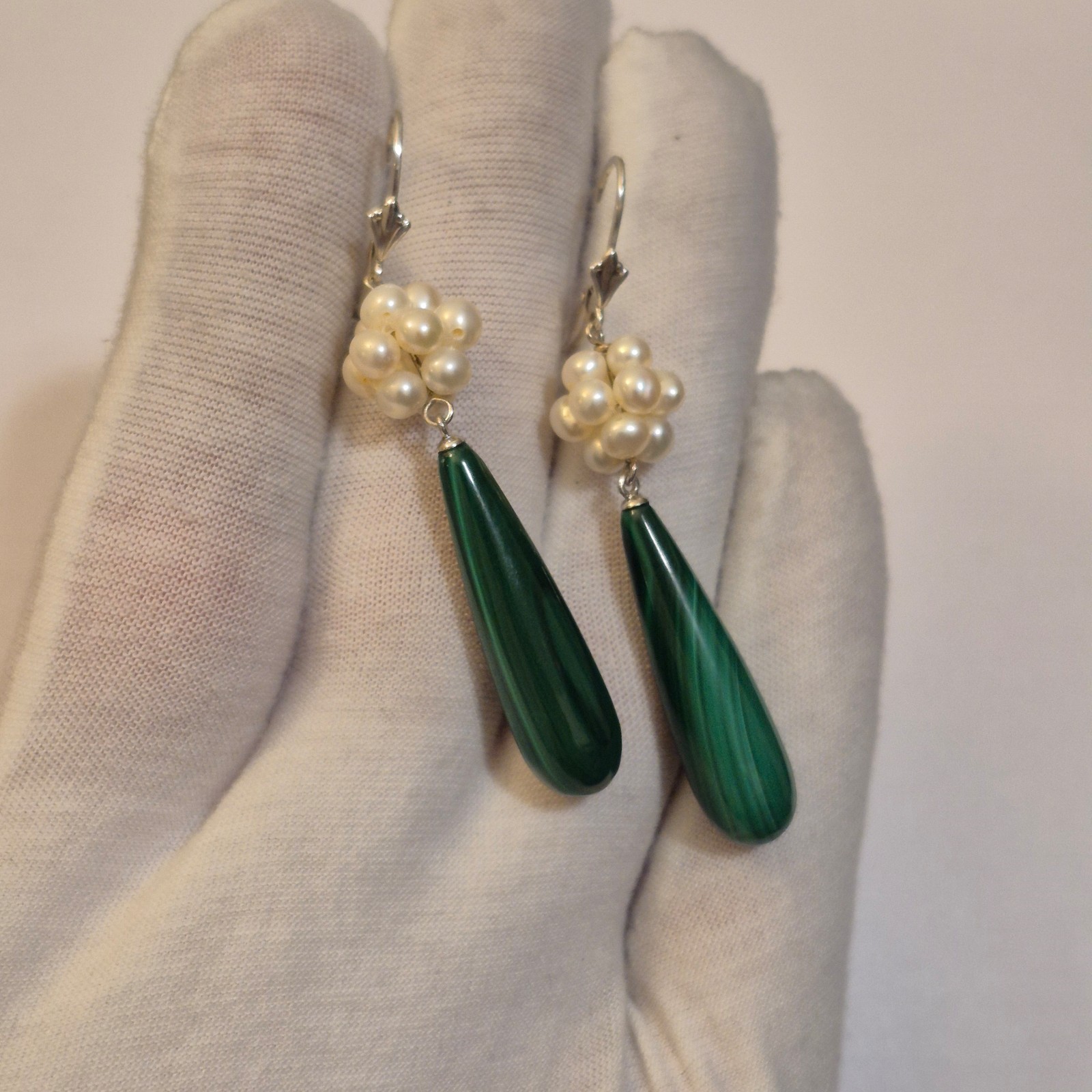 925 Sterling Silver Earrings with Cultured Pearl & Real Malachite Drops